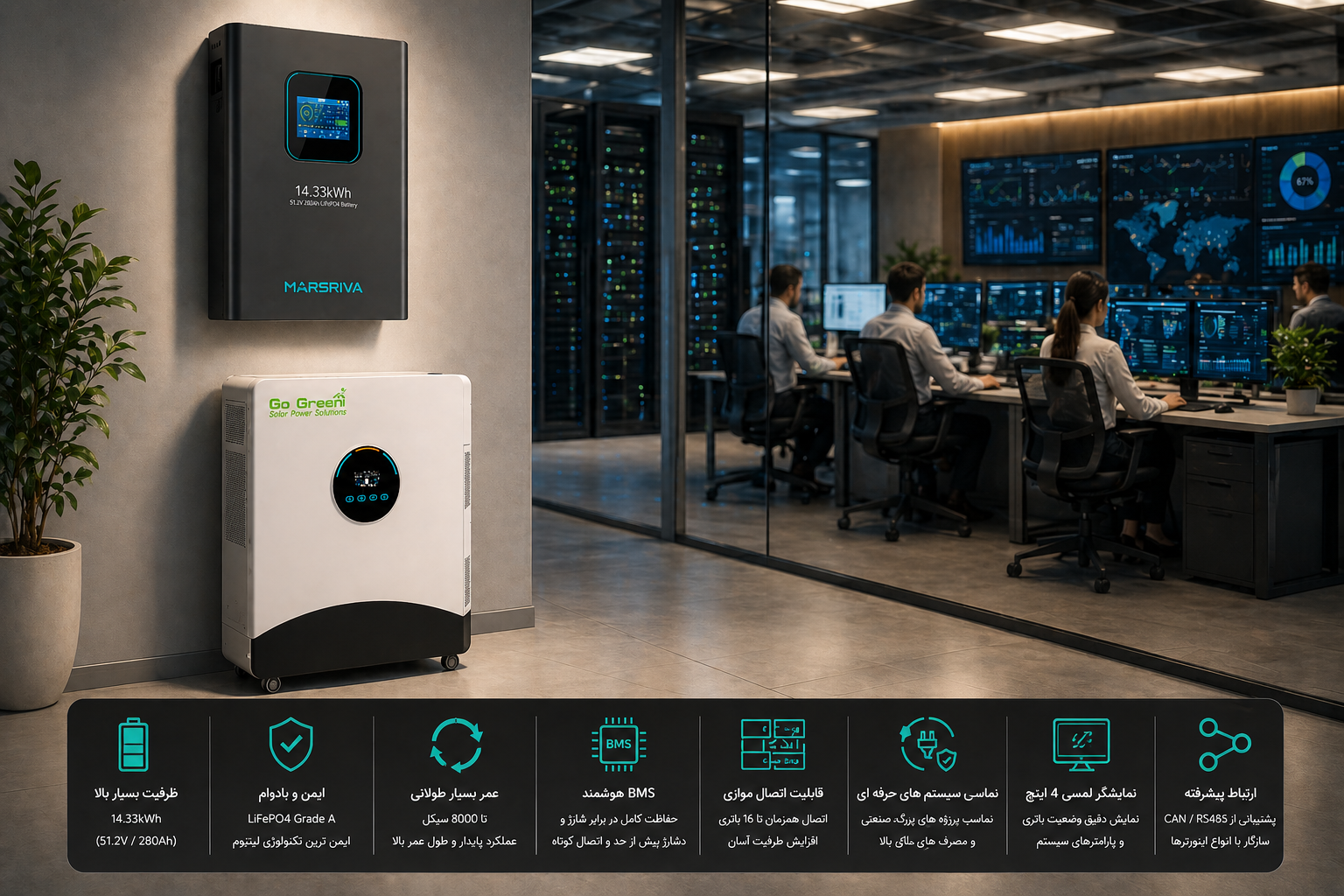 باتری لیتیوم فسفات Marsriva 14.33kWh LiFePO4 51.2V 280Ah